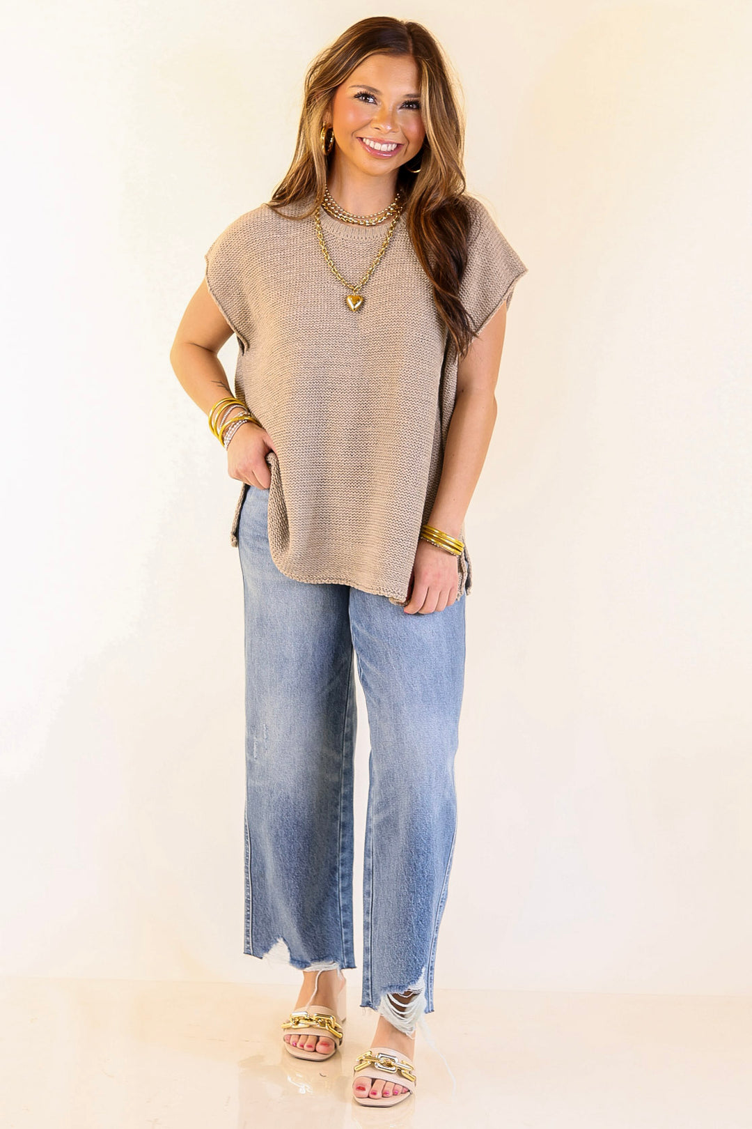 Forever Favorite Oversized Crew Neck Sweater Vest in Light Mocha