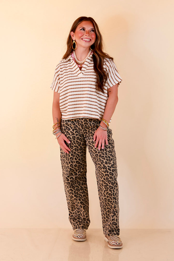 Simply Said Striped Drop Shoulder Collared Cropped Top in Ivory with Camel Brown Stripes