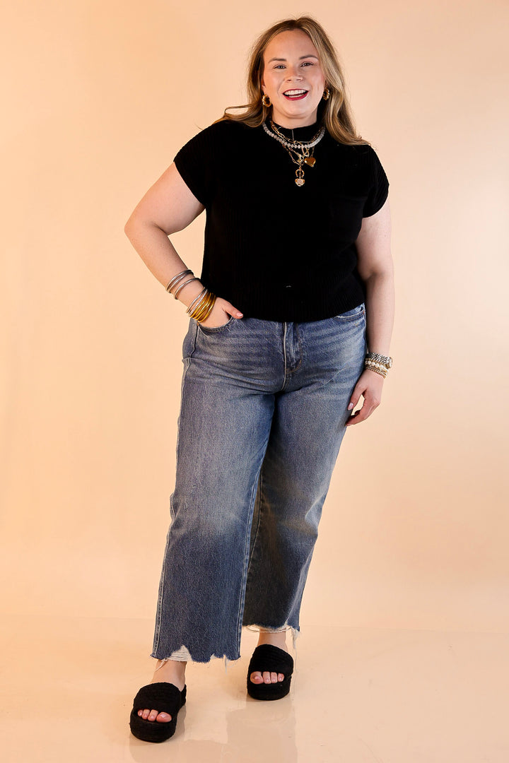 Repeat Worthy Cap Sleeve Cropped Sweater with Front Pocket in Black