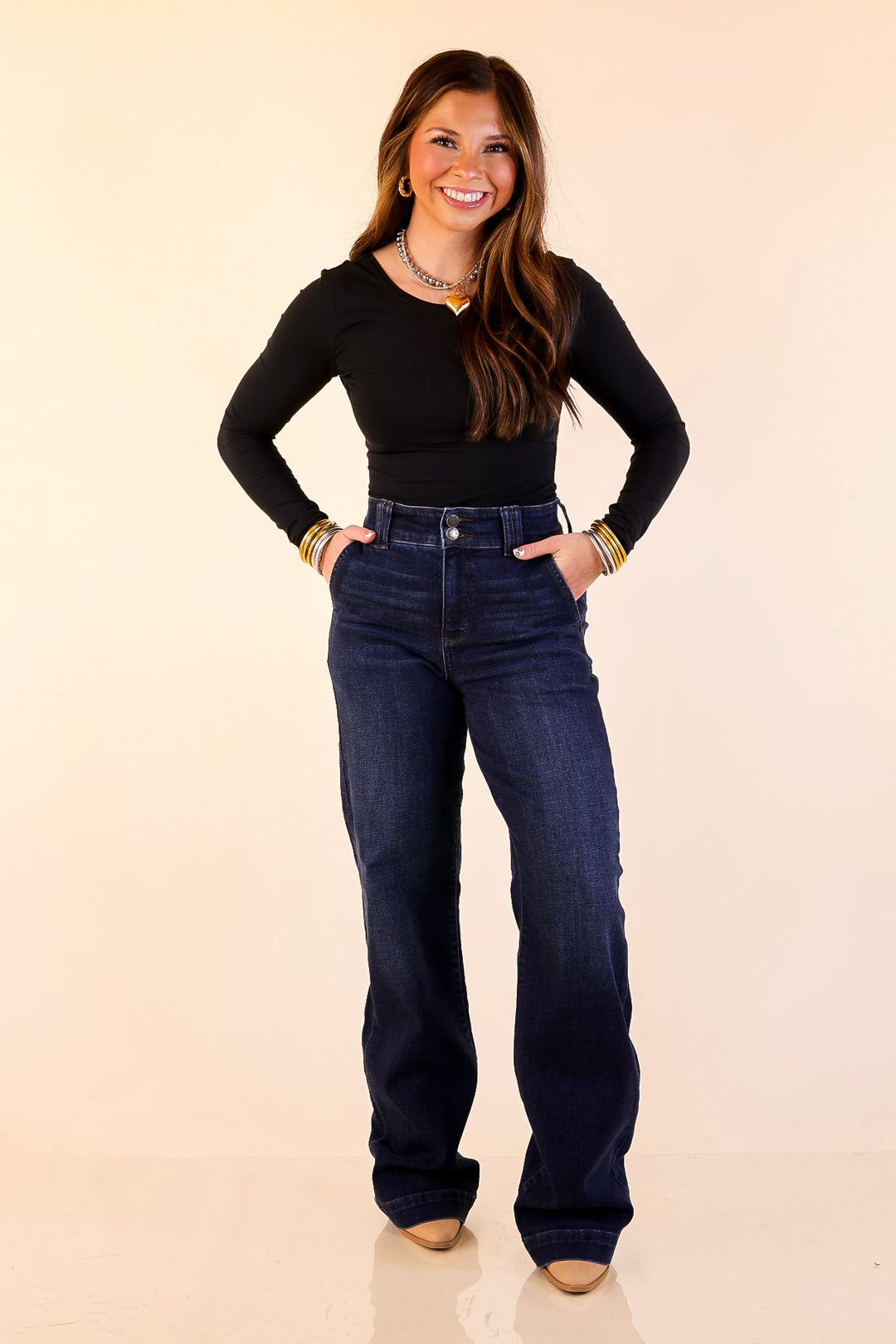 Judy Blue | Set the Standard Double Button Fly Wide Leg Trouser Jean in Dark Wash