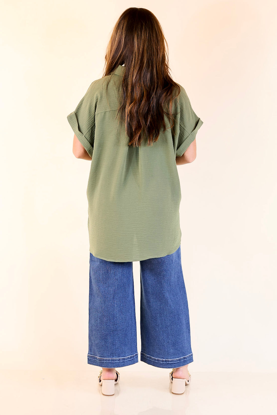 Timeless Appeal Collared Button Up Top in Olive Green