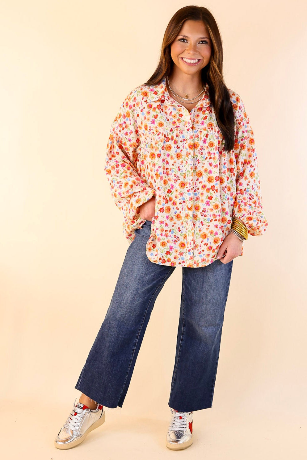 Secret Garden Floral Print Top with Collar and Long Sleeves in Cream