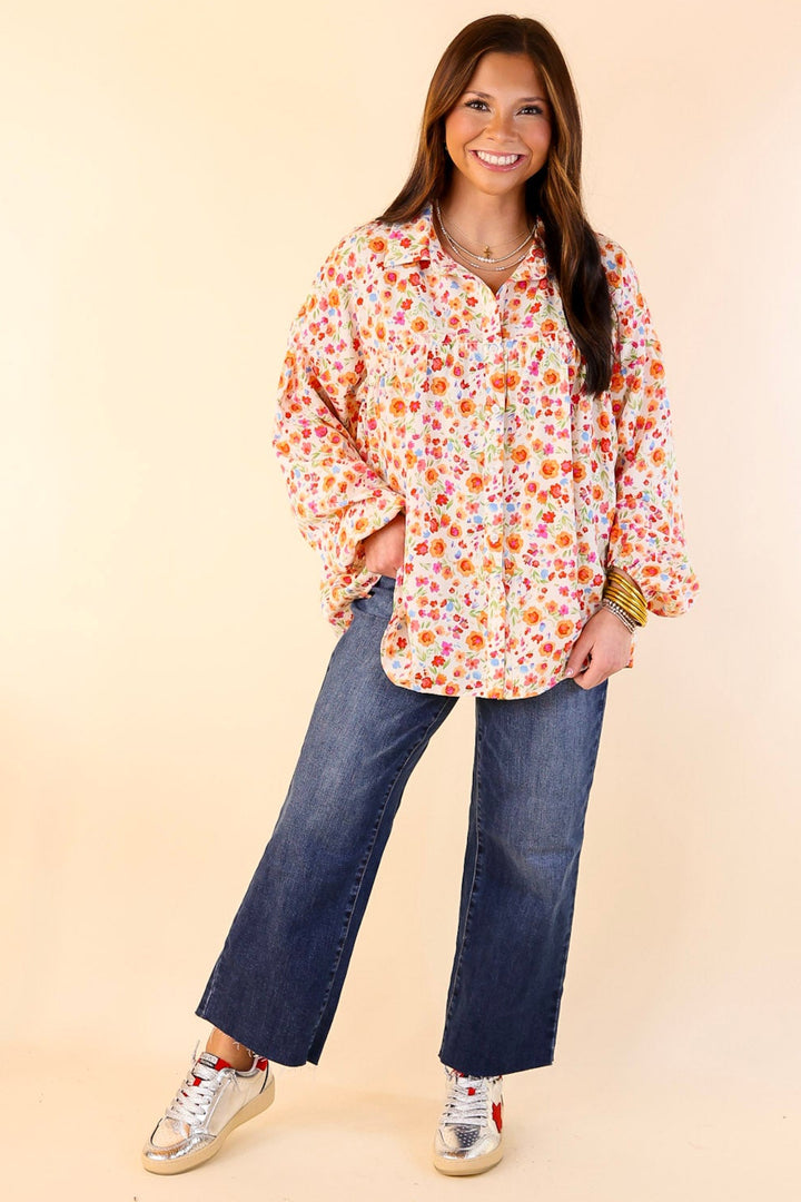 Secret Garden Floral Print Top with Collar and Long Sleeves in Cream