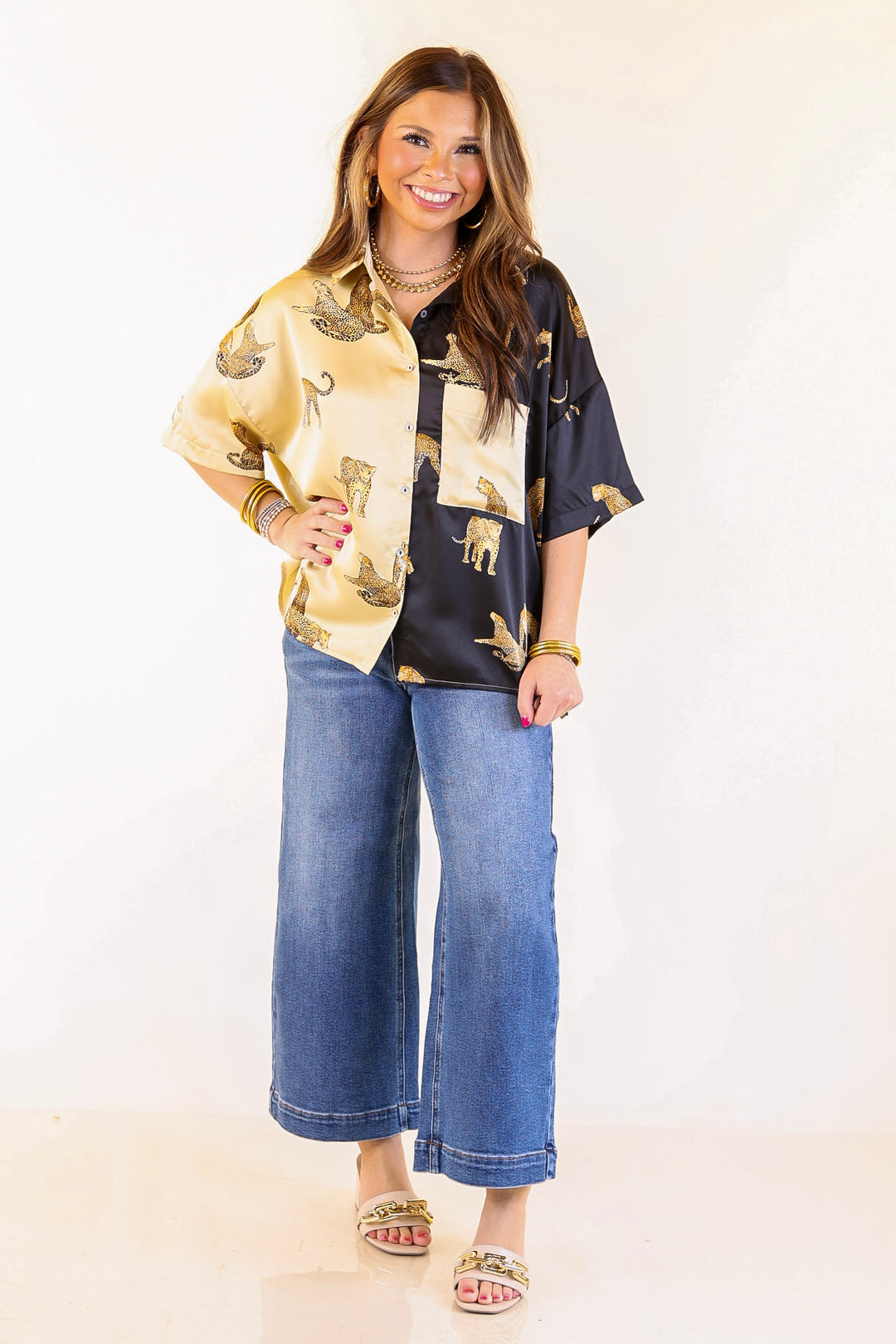 All Eyes On Me Button Up Cheetah Print Blouse Top in Black and Gold