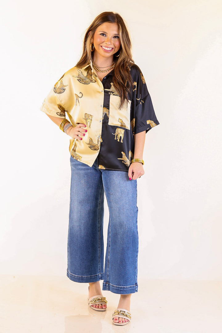 All Eyes On Me Button Up Cheetah Print Blouse Top in Black and Gold