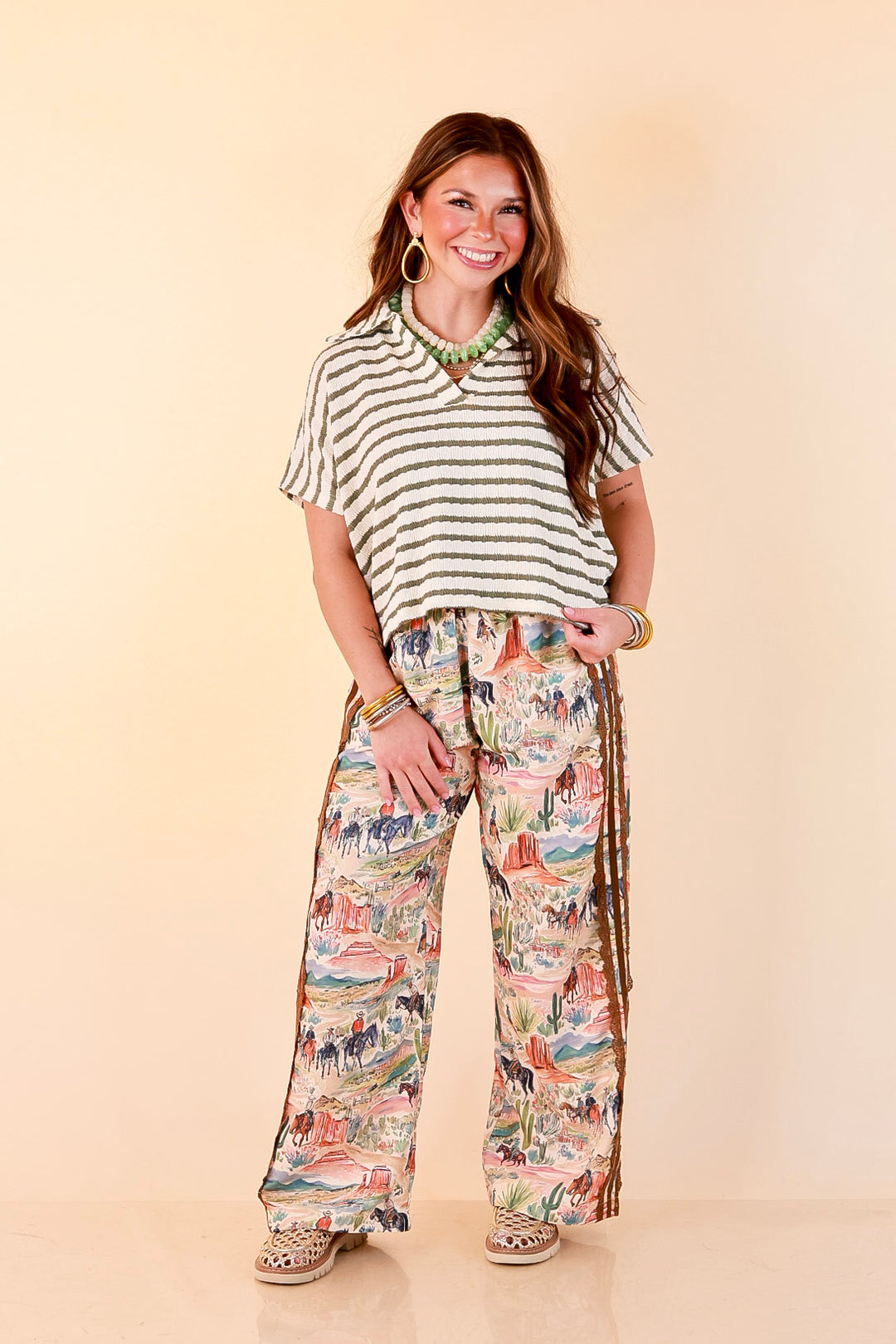 Simply Said Striped Drop Shoulder Collared Cropped Top in Ivory with Olive Green Stripes