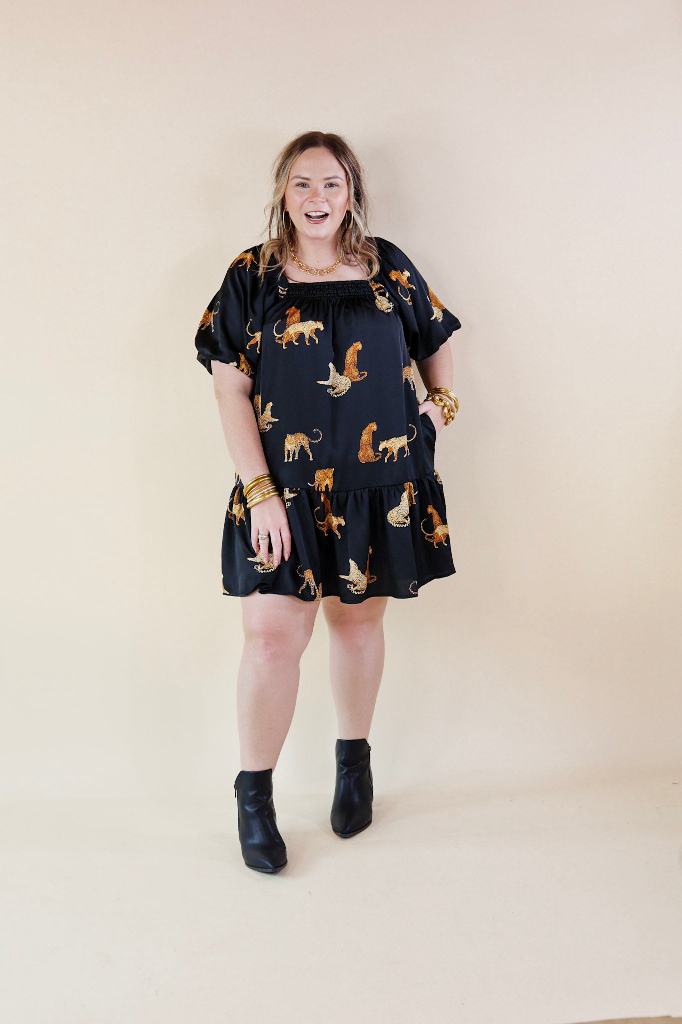 Flirting For Fun Leopard Print Satin Midi Dress in Black - Giddy Up Glamour Boutique