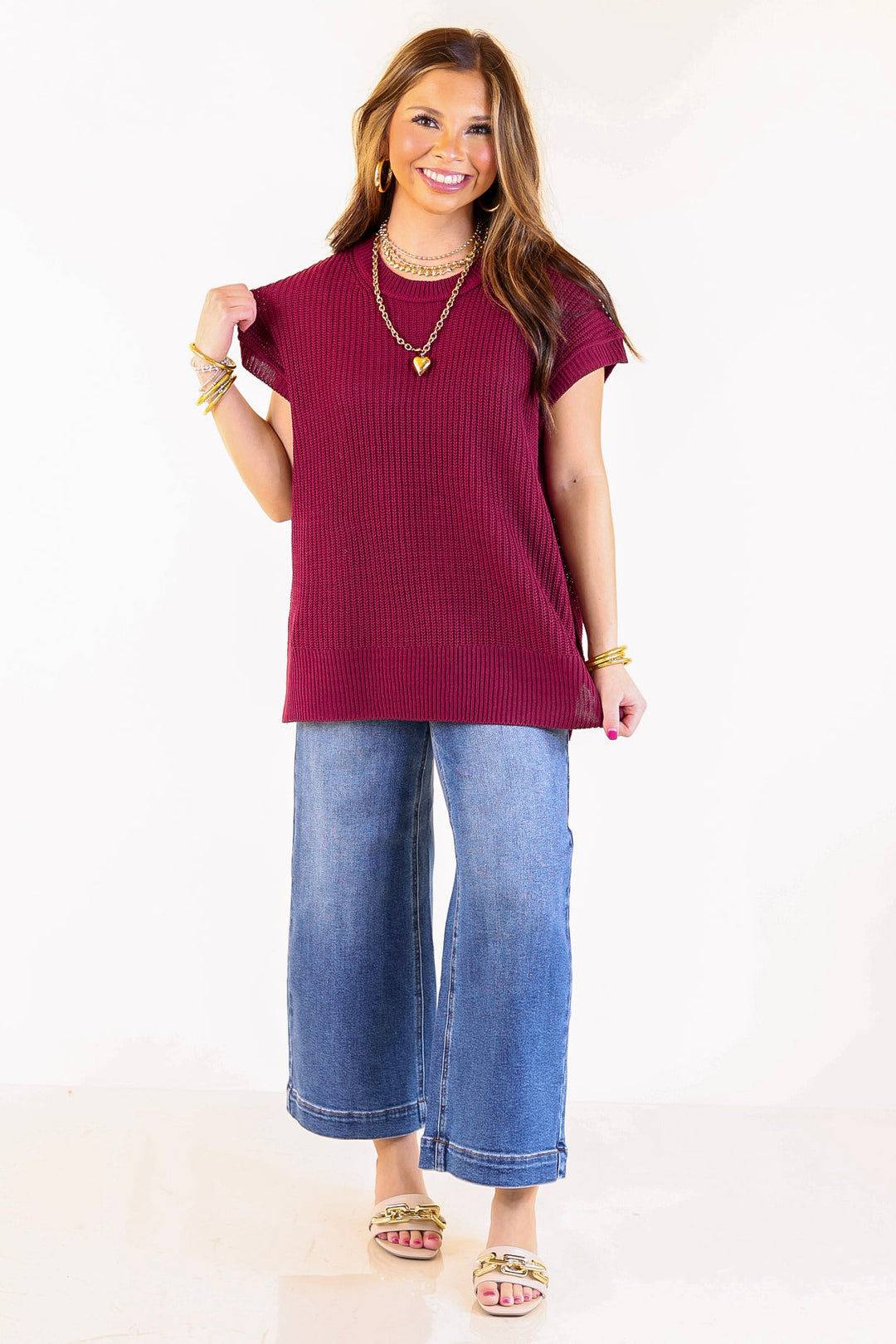 Style Refresh Drop Shoulder Short Sleeve Knit Sweater Top in Maroon