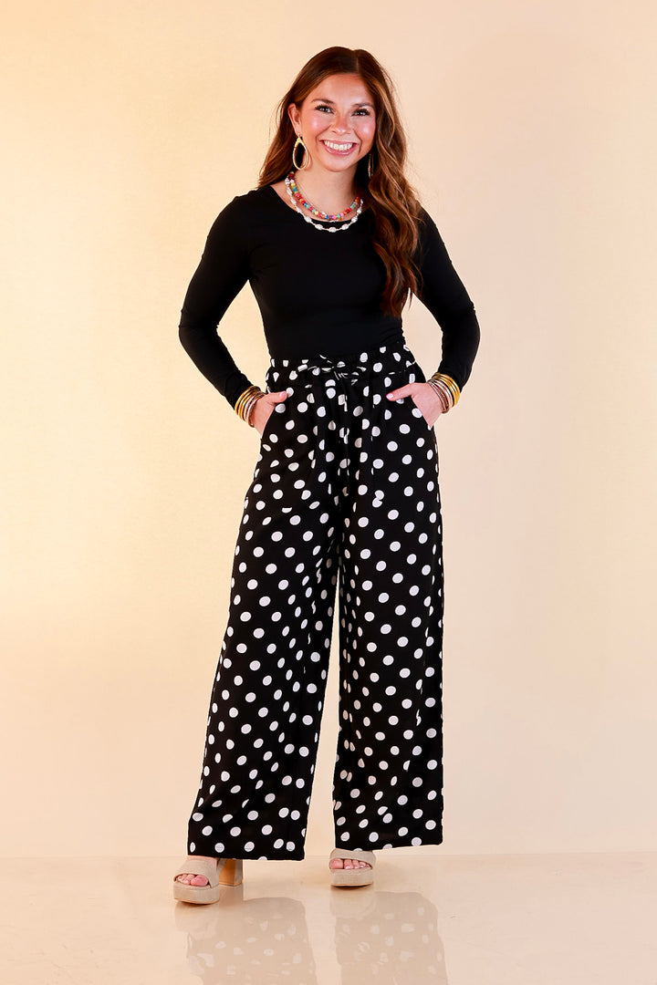 Pairs Well with Others Polka Dot Print Drawstring Pants with Elastic Waistband in Black