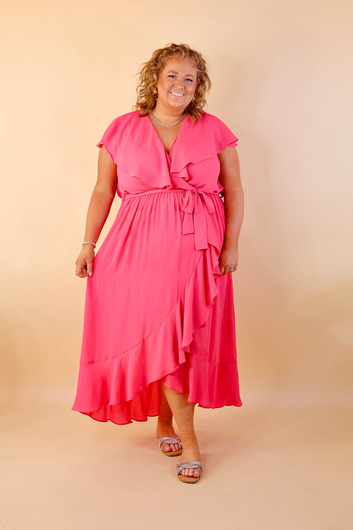 Tranquil Touch Ruffle Midi Dress with Waist Tie in Pink - Giddy Up Glamour Boutique