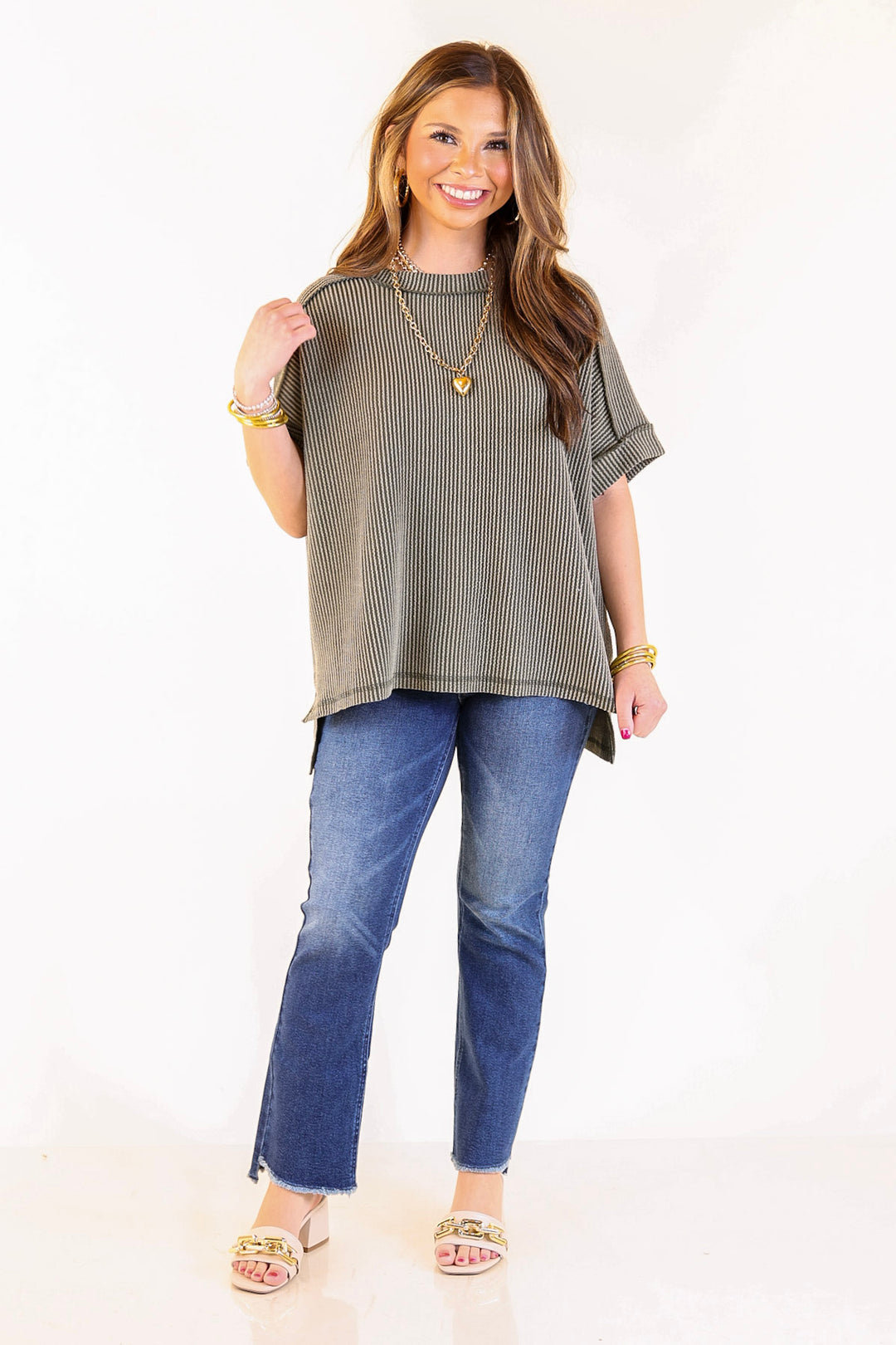Daily Perfection Scoop Neck Short Sleeve Ribbed Top in Olive Green