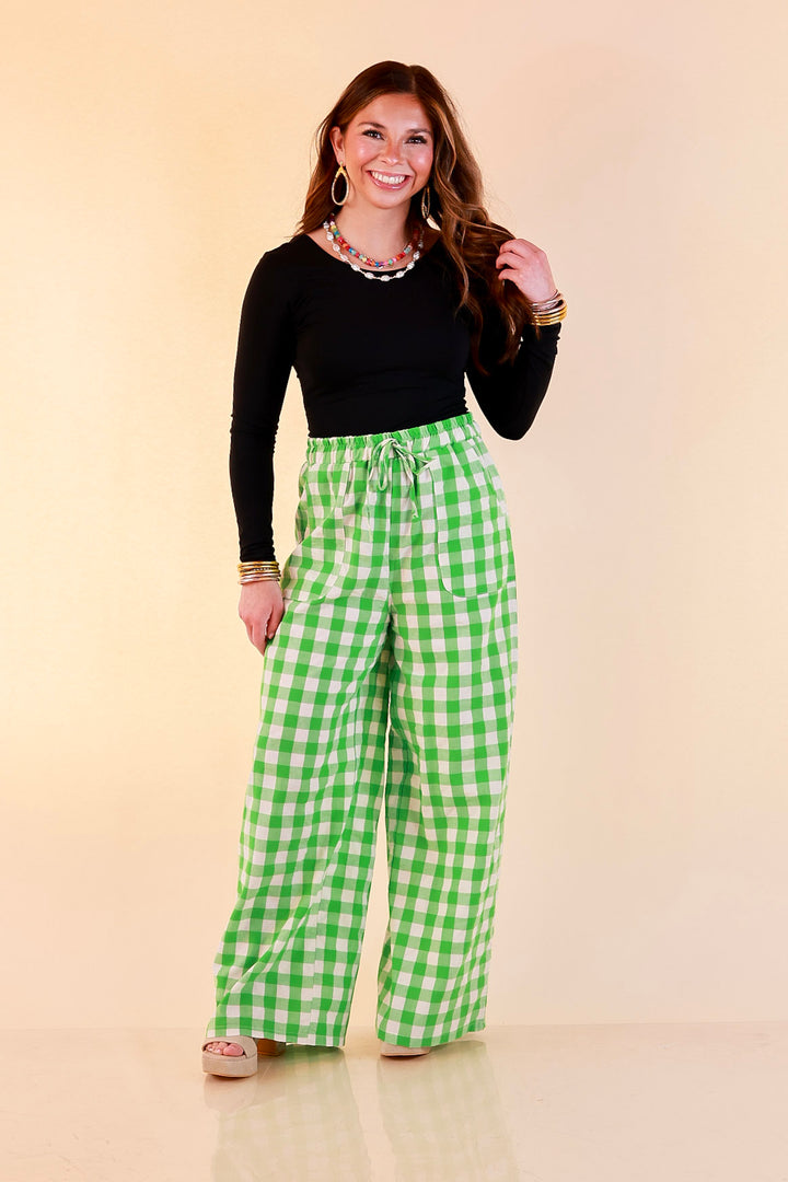 Pairs Well with Others Gingham Print Drawstring Pants with Elastic Waistband in Green