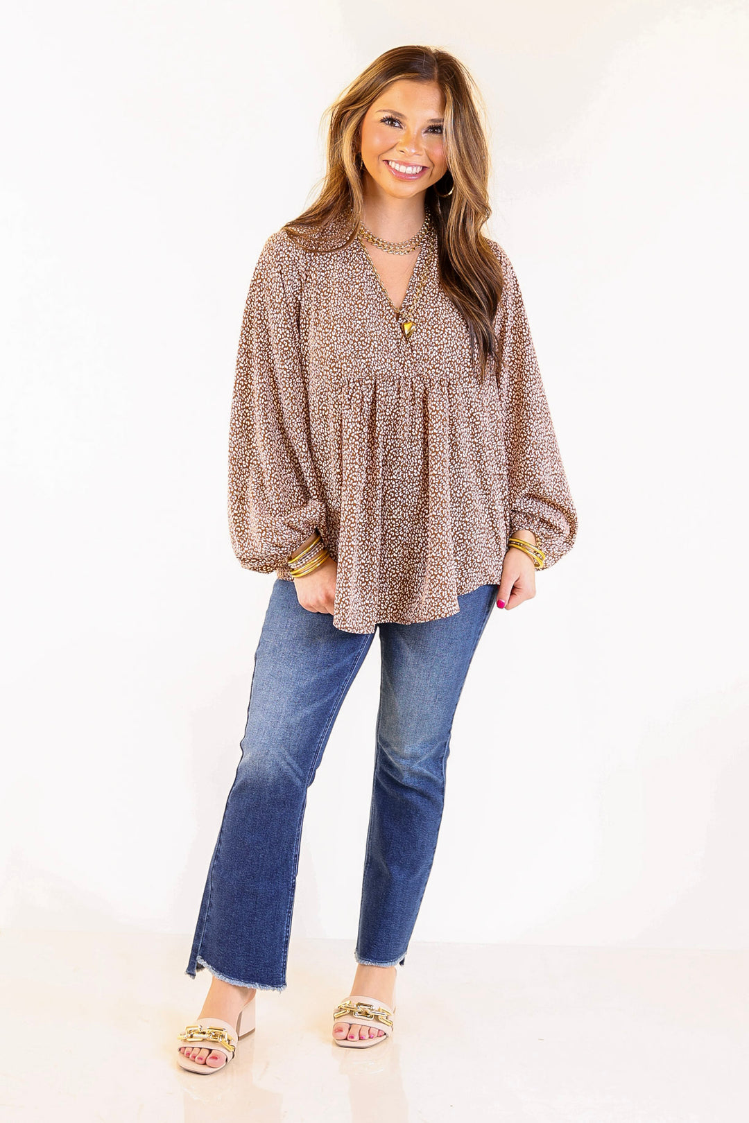 Really Dreamy Small Leopard Print Babydoll Top with Long Sleeves in Brown