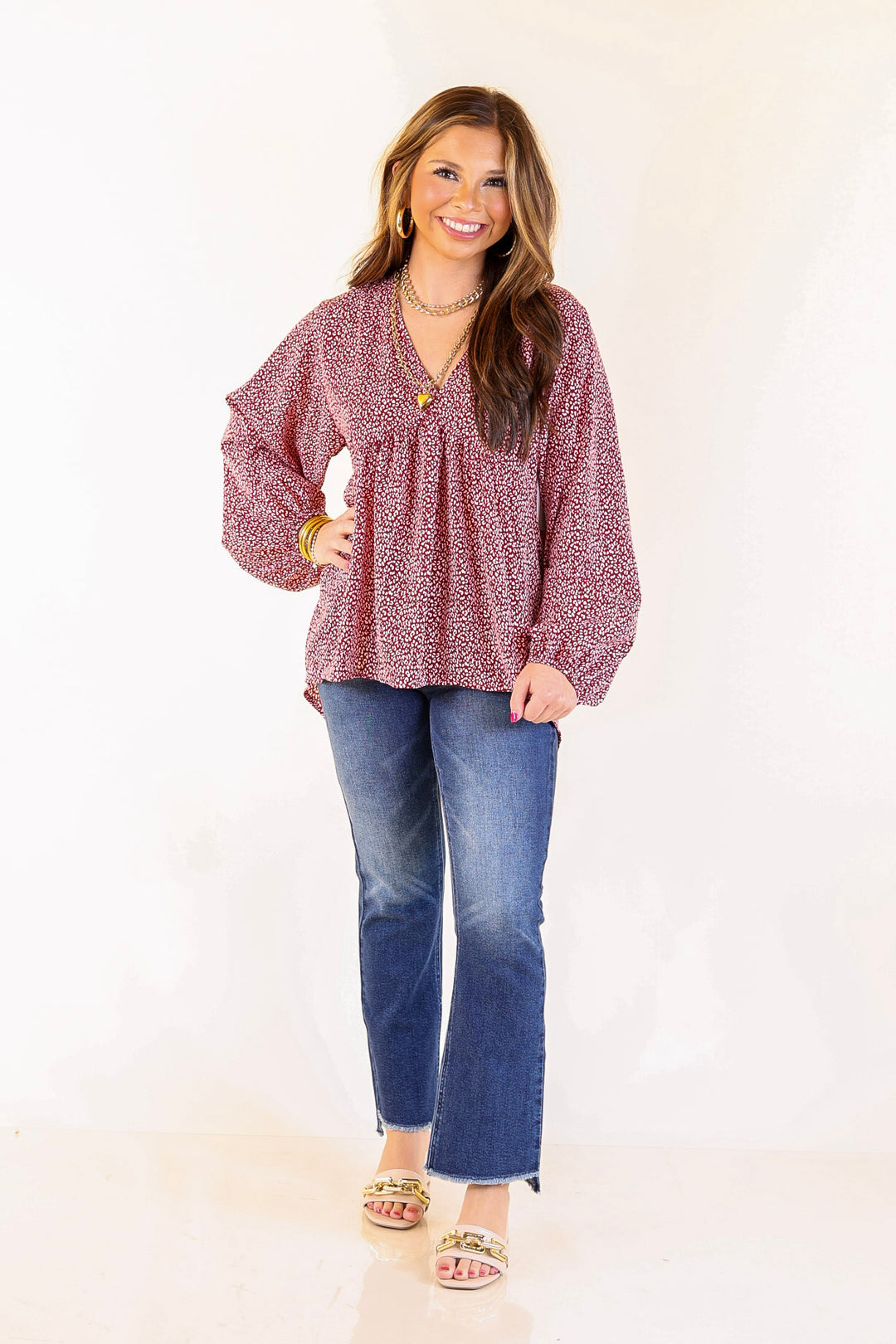 Really Dreamy Small Leopard Print Babydoll Top with Long Sleeves in Burgundy Red