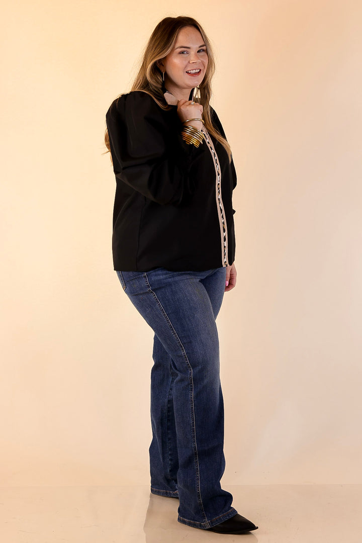 Trimmed in Style Puff Long Sleeve Blouse with Contrast Leopard Trim and Ruffle in Black