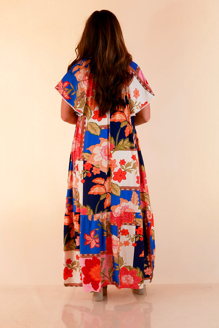 Patchwork Poise Floral Patchwork Print Midi Dress with Tassel Tie Neckline and Flutter Sleeves in Blue Mix