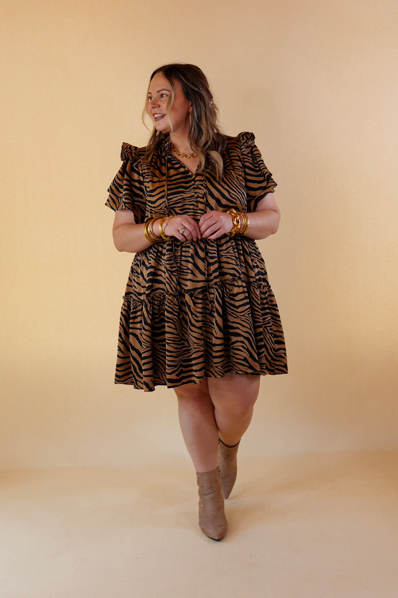 If You Dare Zebra Print Tiered Dress in Mocha Brown - Giddy Up Glamour Boutique