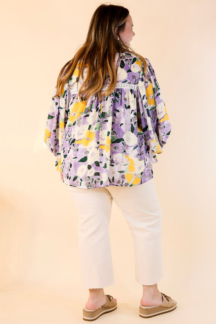 Destination Obsessed Crocheted Detail Floral Long Sleeve Blouse in Lavender