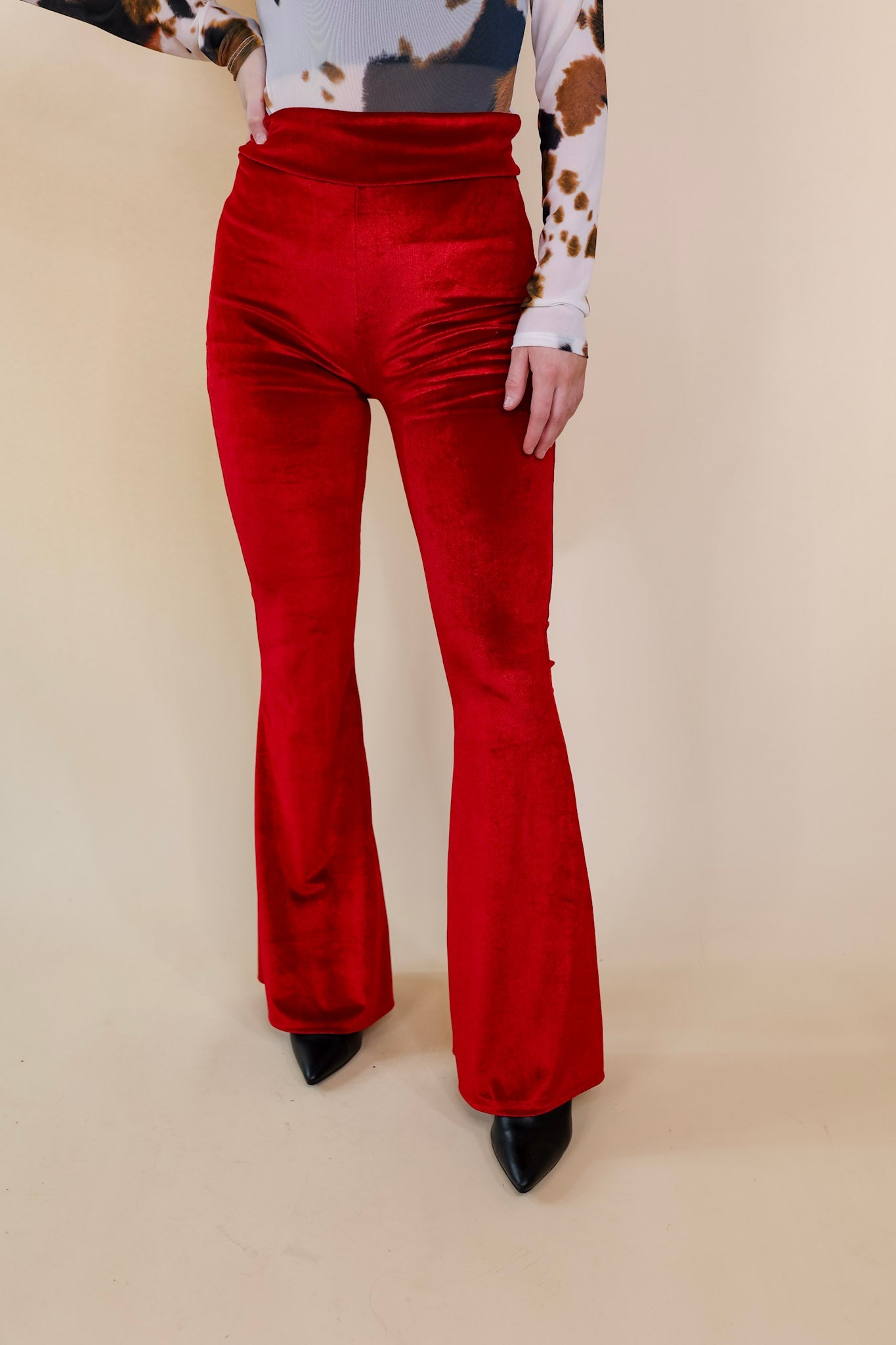 Luxe Standard Velvet Bell Bottom Pants in Red - Giddy Up Glamour Boutique