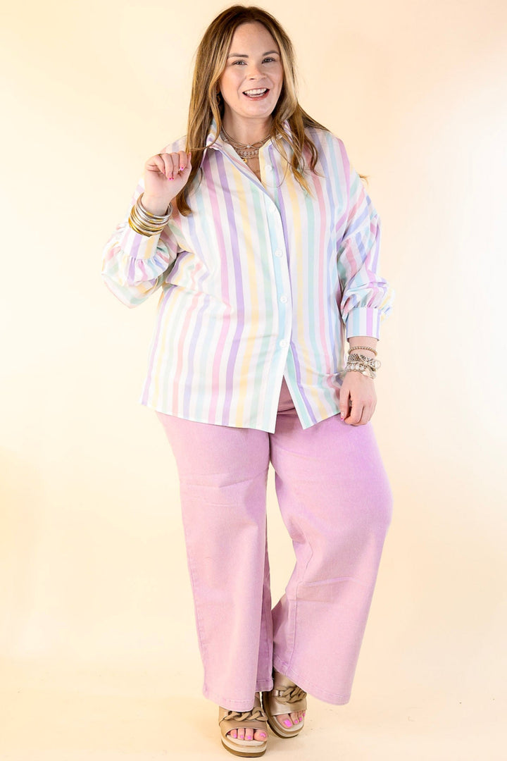 The Cowgirl Way Button Up Pastel Striped Top in White