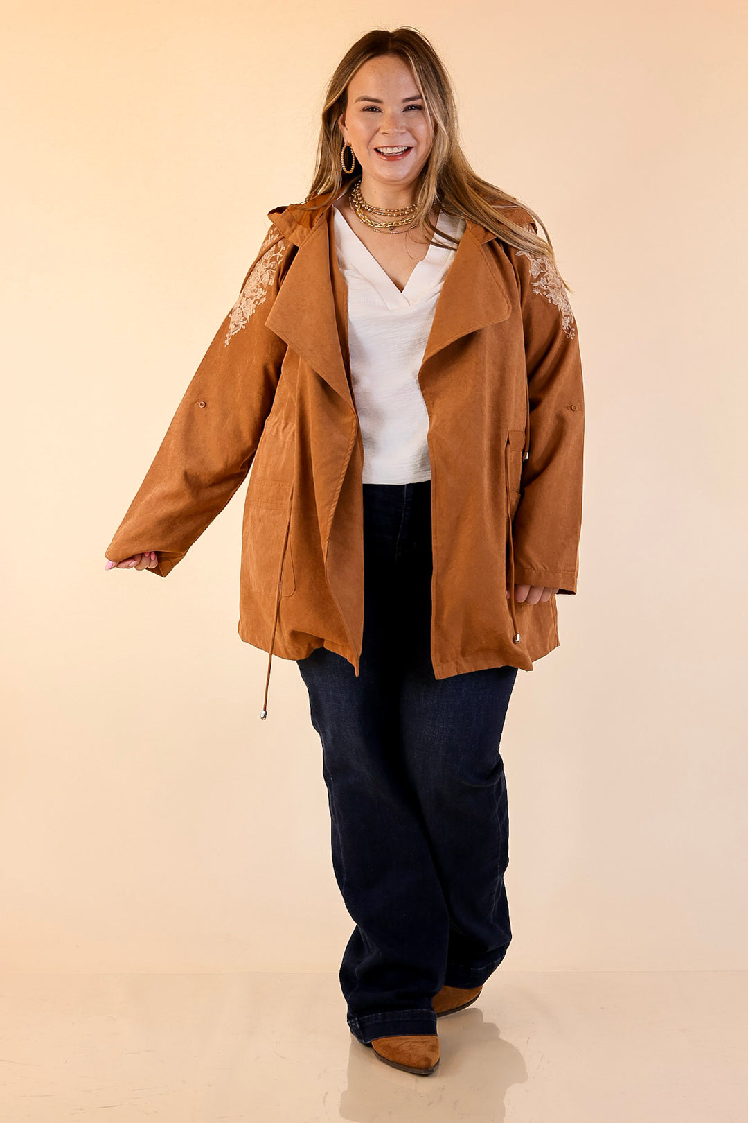 Fill Up Your Cup Embroidered Suede Utility Jacket in Tan
