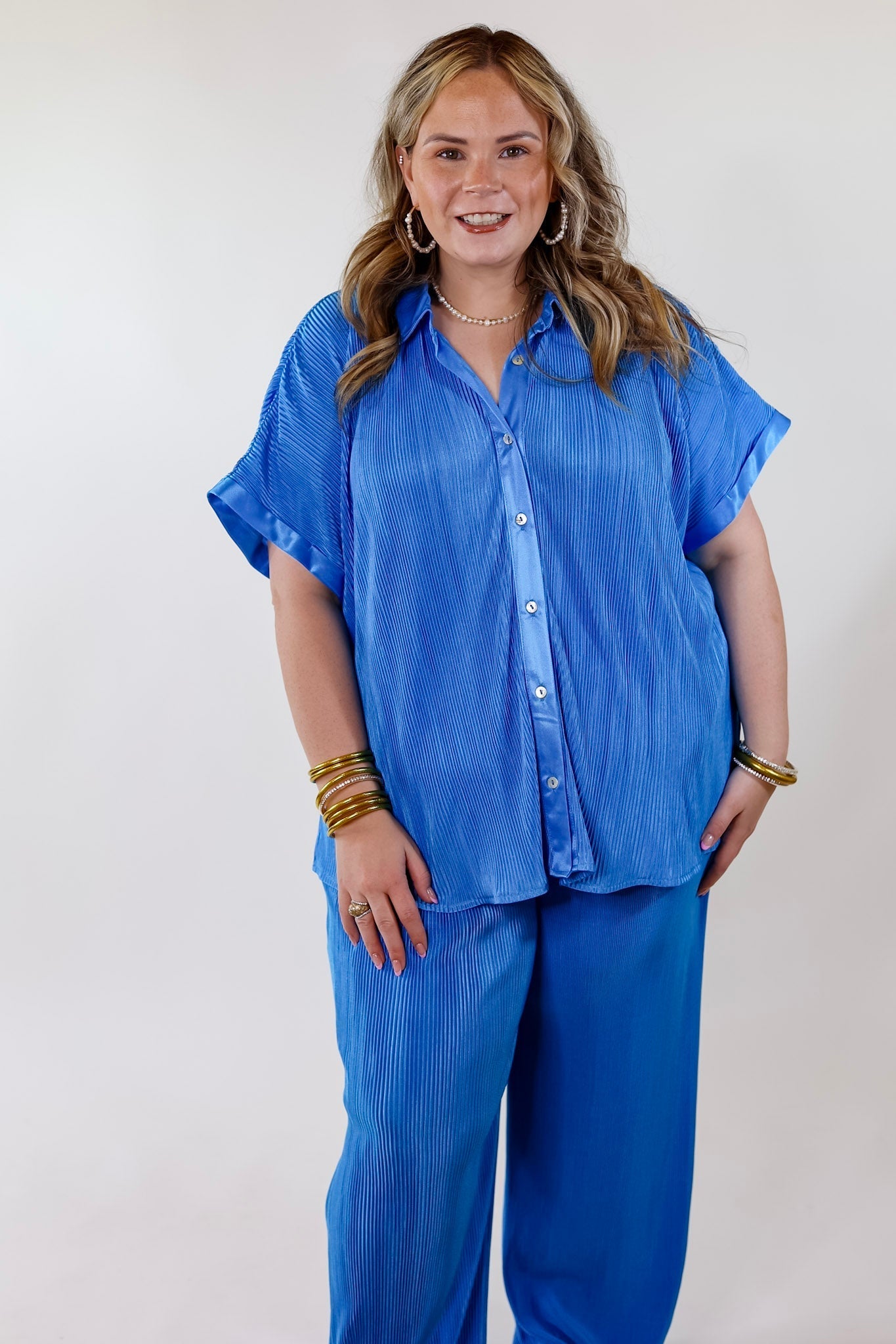 Walking In Paradise Plissé Button Up Top in Blue - Giddy Up Glamour Boutique