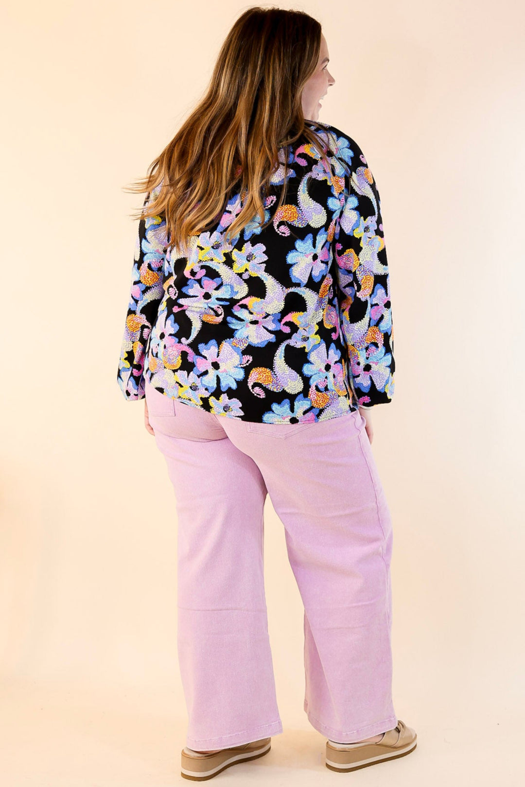 Seriously Sweet Floral Print Top with Notched Neckline in Black