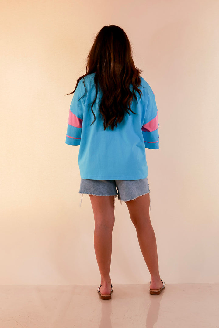 Dream in Color Butterfly Print Relaxed Short Sleeve Top with Contrast Sleeves in Turquoise Blue