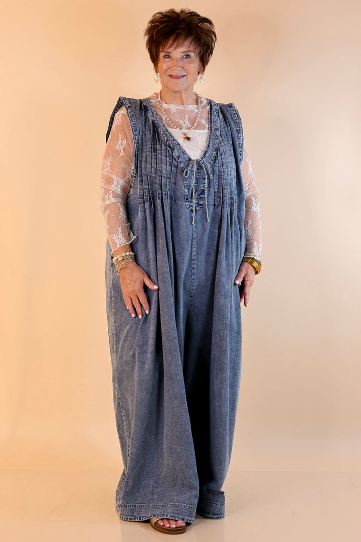 Breezy Beauty Wide Leg Denim Jumpsuit with Pockets