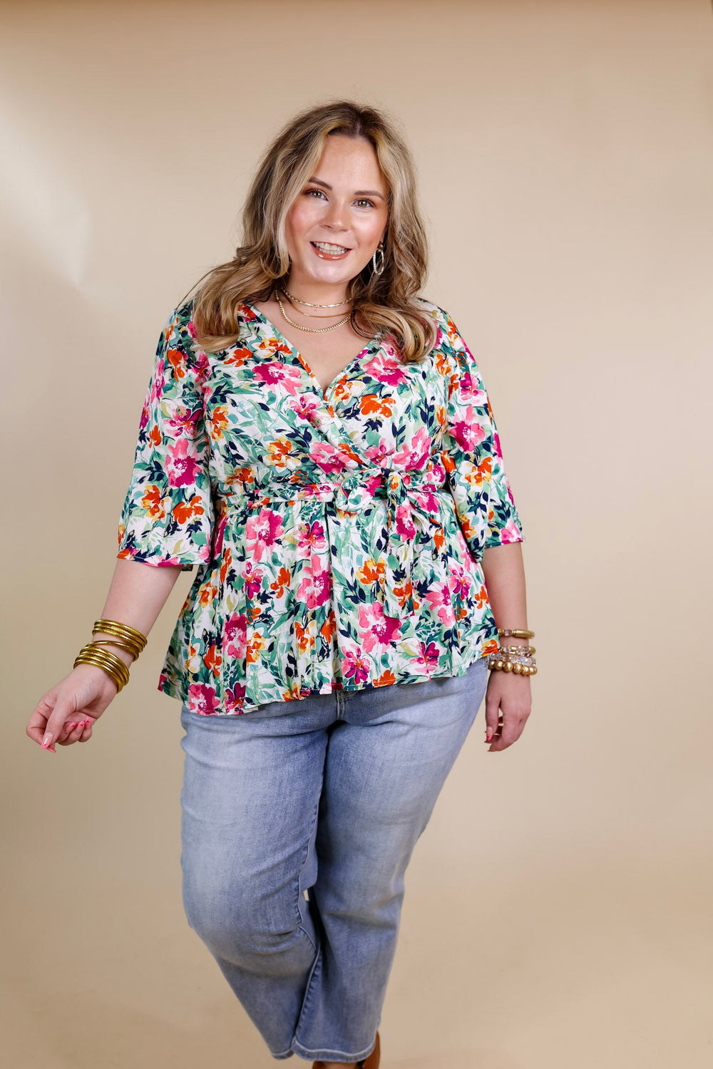 Feels Like A Fairytale Floral V Neck Babydoll Top with Waist Tie in Green Mix - Giddy Up Glamour Boutique