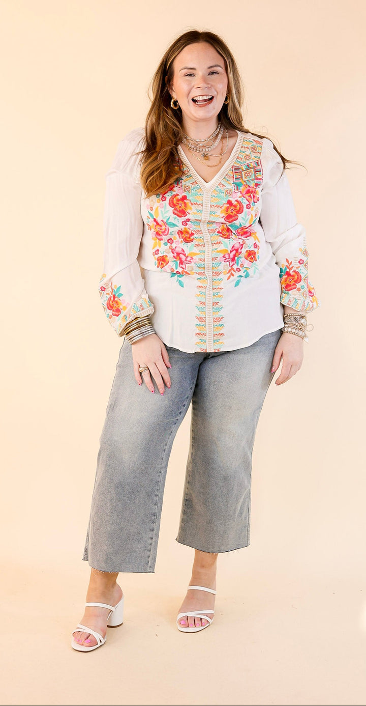 Brunch With Me Long Sleeve Embroidered Top with V Neckline in White