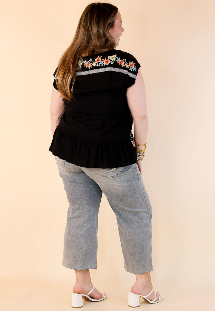 Pulled To Paradise Floral Embroidered Front Keyhole Top in Black