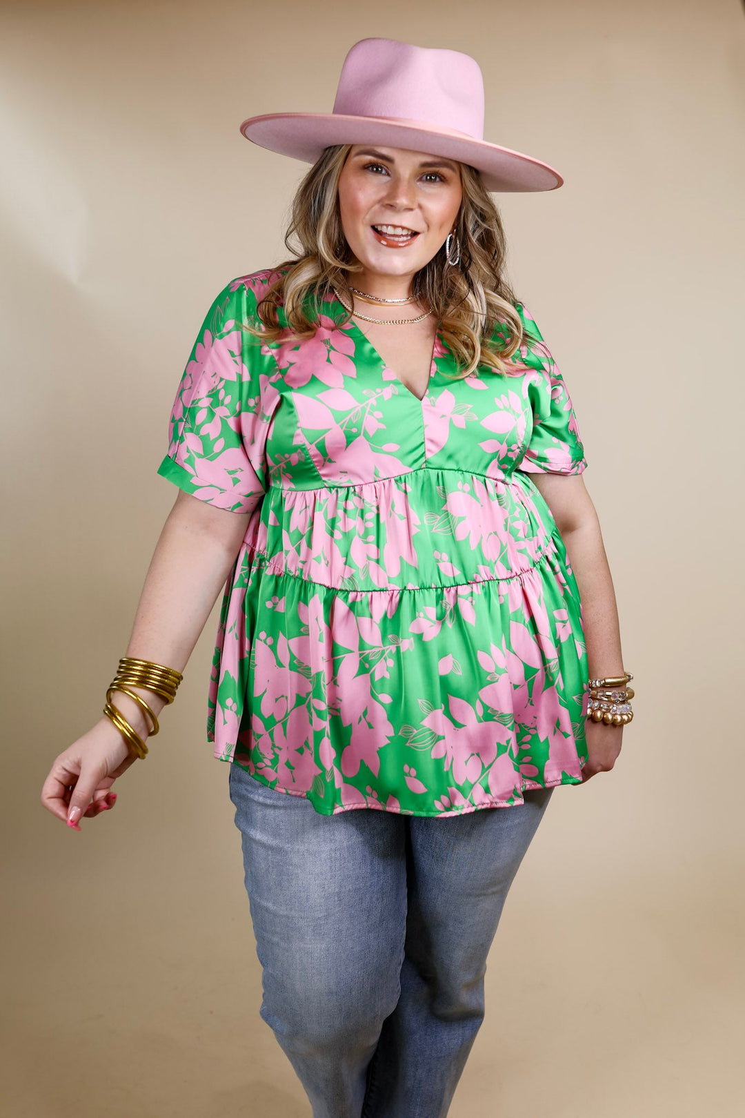 Merlot Meeting Floral Print V Neck Top in Green - Giddy Up Glamour Boutique