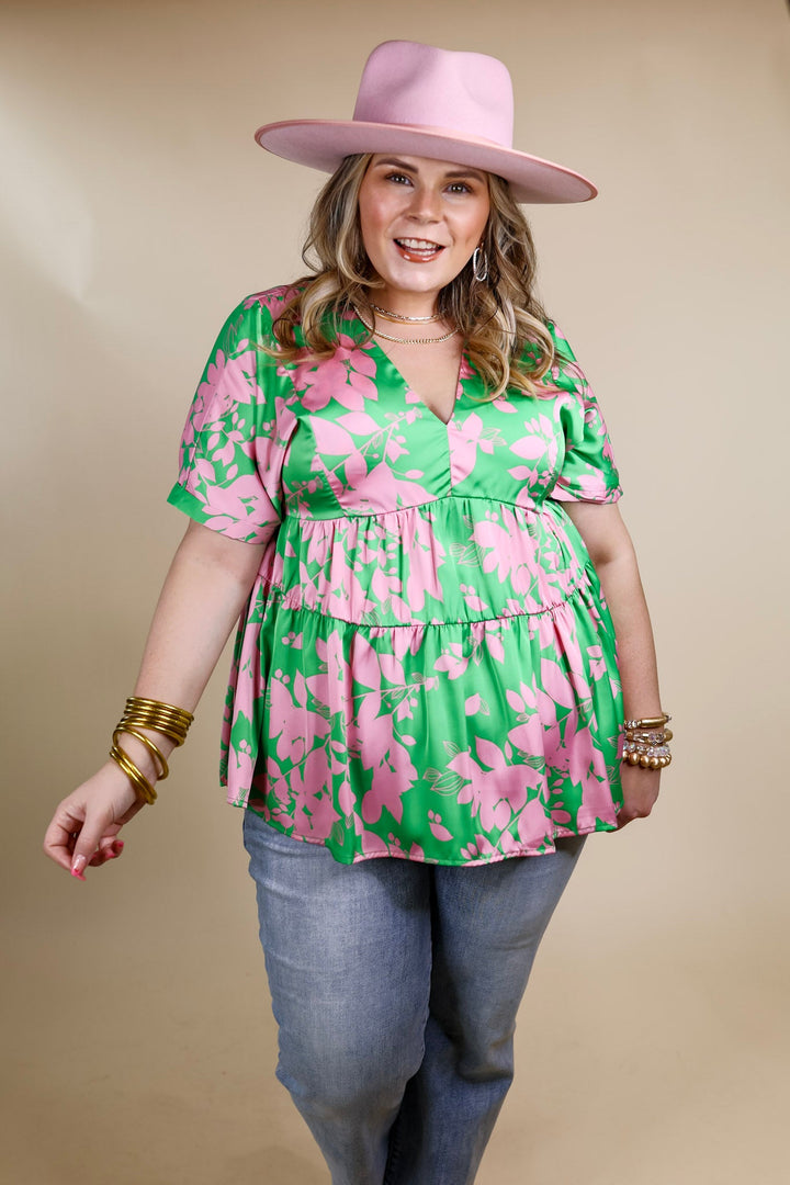 Merlot Meeting Floral Print V Neck Top in Green - Giddy Up Glamour Boutique