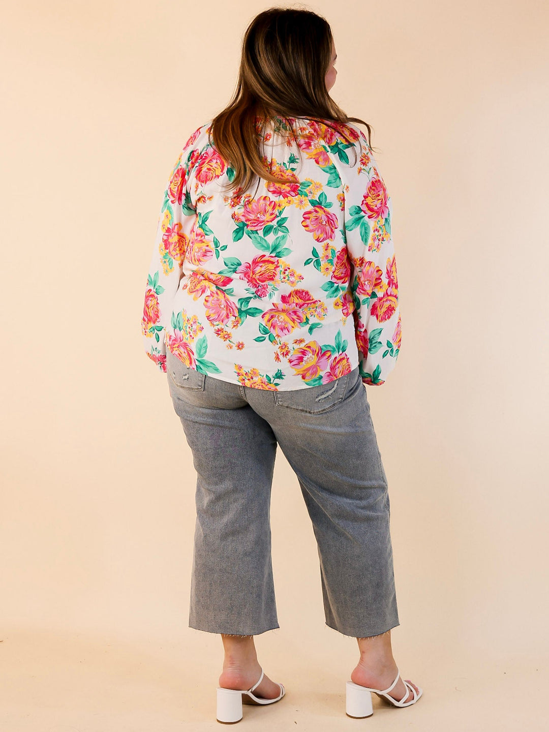 Follow Your Happiness Notched V Neck Floral Top with Long Sleeves in White