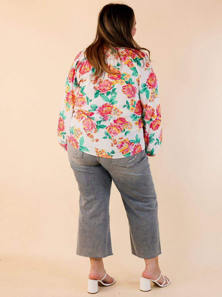Follow Your Happiness Notched V Neck Floral Top with Long Sleeves in White