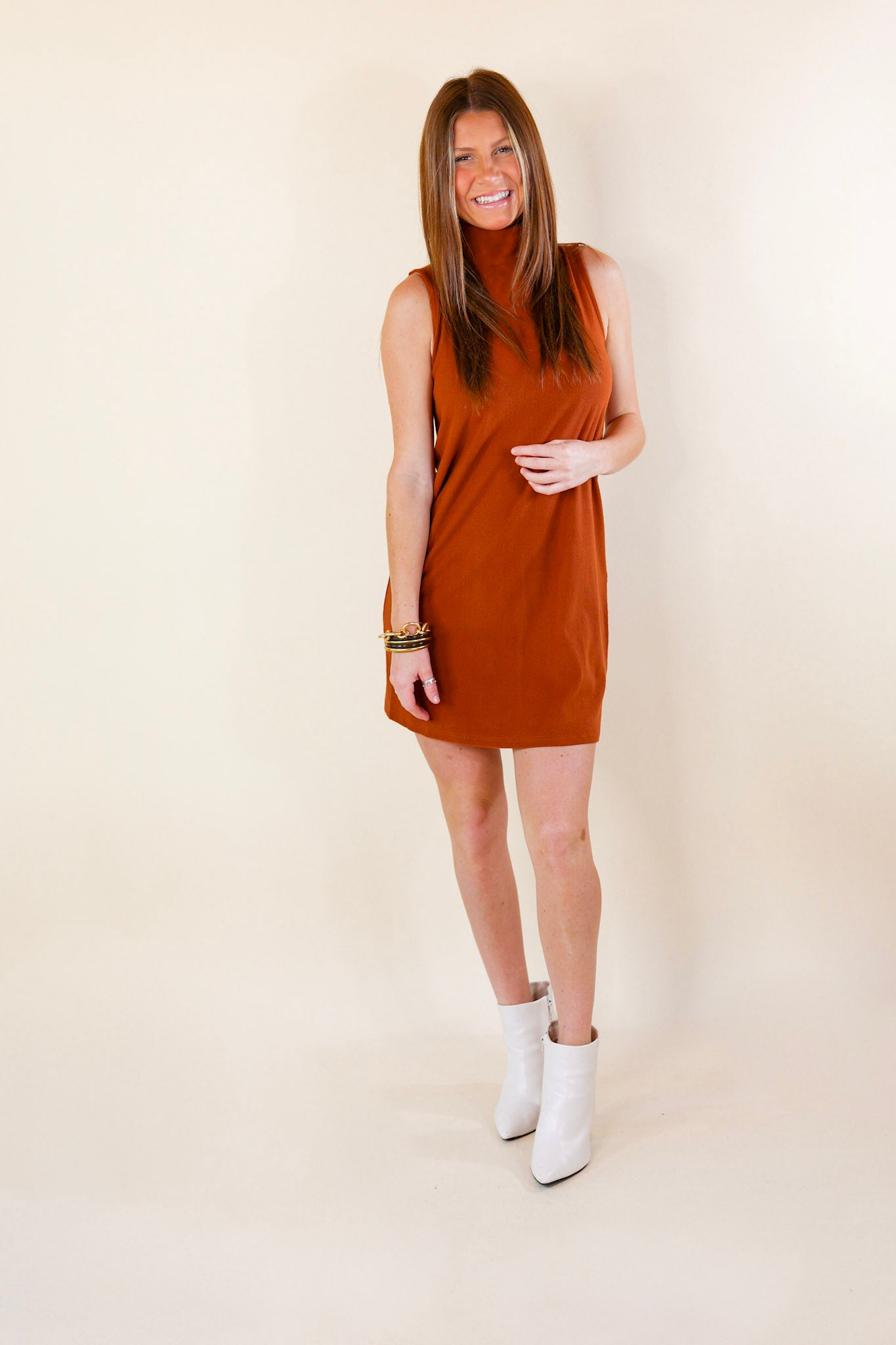 One Love Tank Sweater Dress with Turtle Neck in Rust Orange - Giddy Up Glamour Boutique