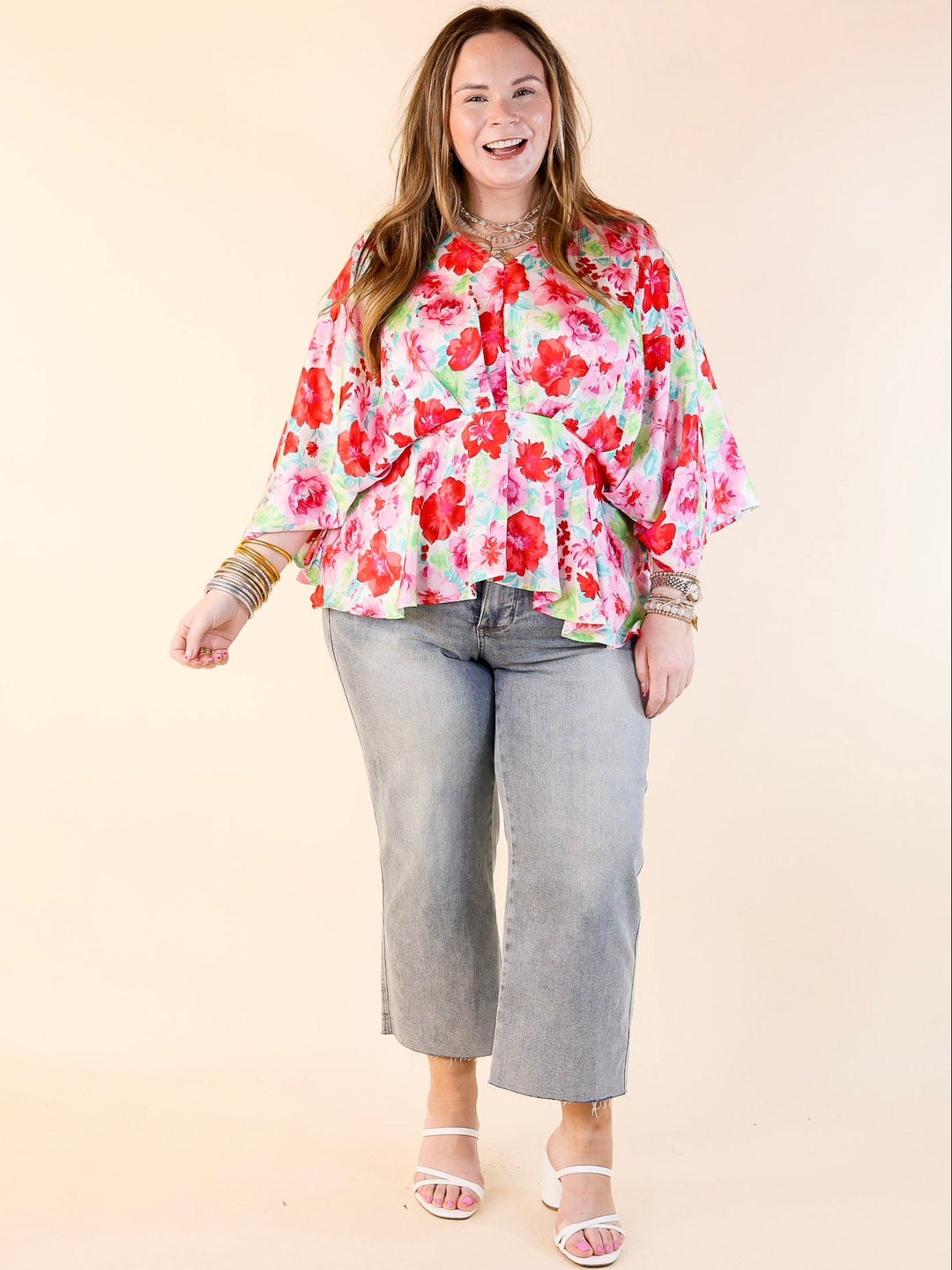 Hear the Music Drop Sleeve Satin Floral Print V Neck Peplum Top in White