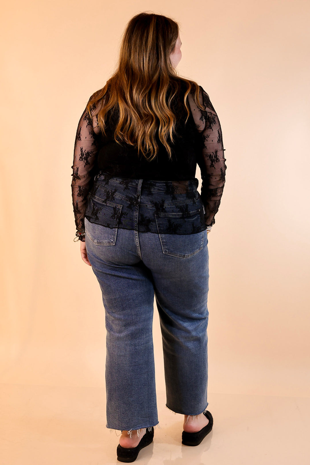 Delicate Charm Long Sleeve Sheer Lace Top with Mock Neck in Black