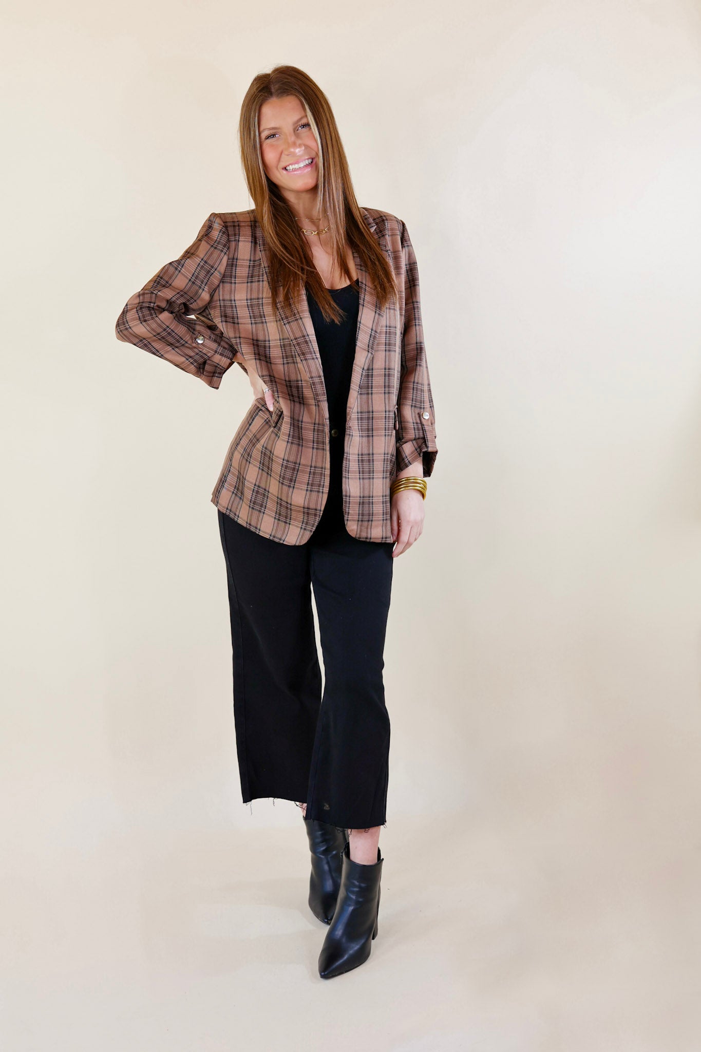 Mountain View Open Front Plaid Blazer with 3/4 Sleeves in Brown - Giddy Up Glamour Boutique