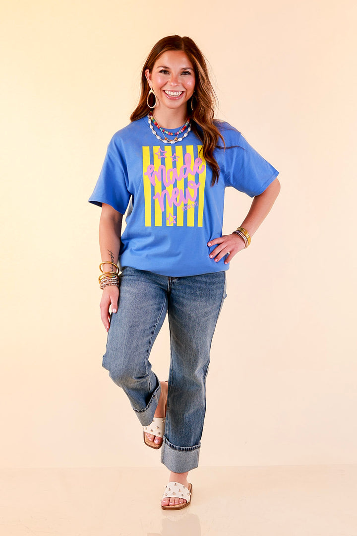 Renewed in Faith "Made New" 2 Cor 5:17 Stripe Print Short Sleeve Graphic Tee in Blue