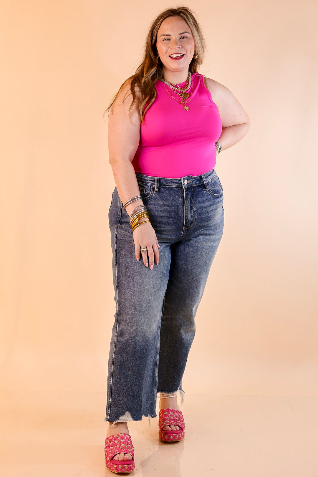 Sunshine State of Mind Tank Top Bodysuit in Neon Pink