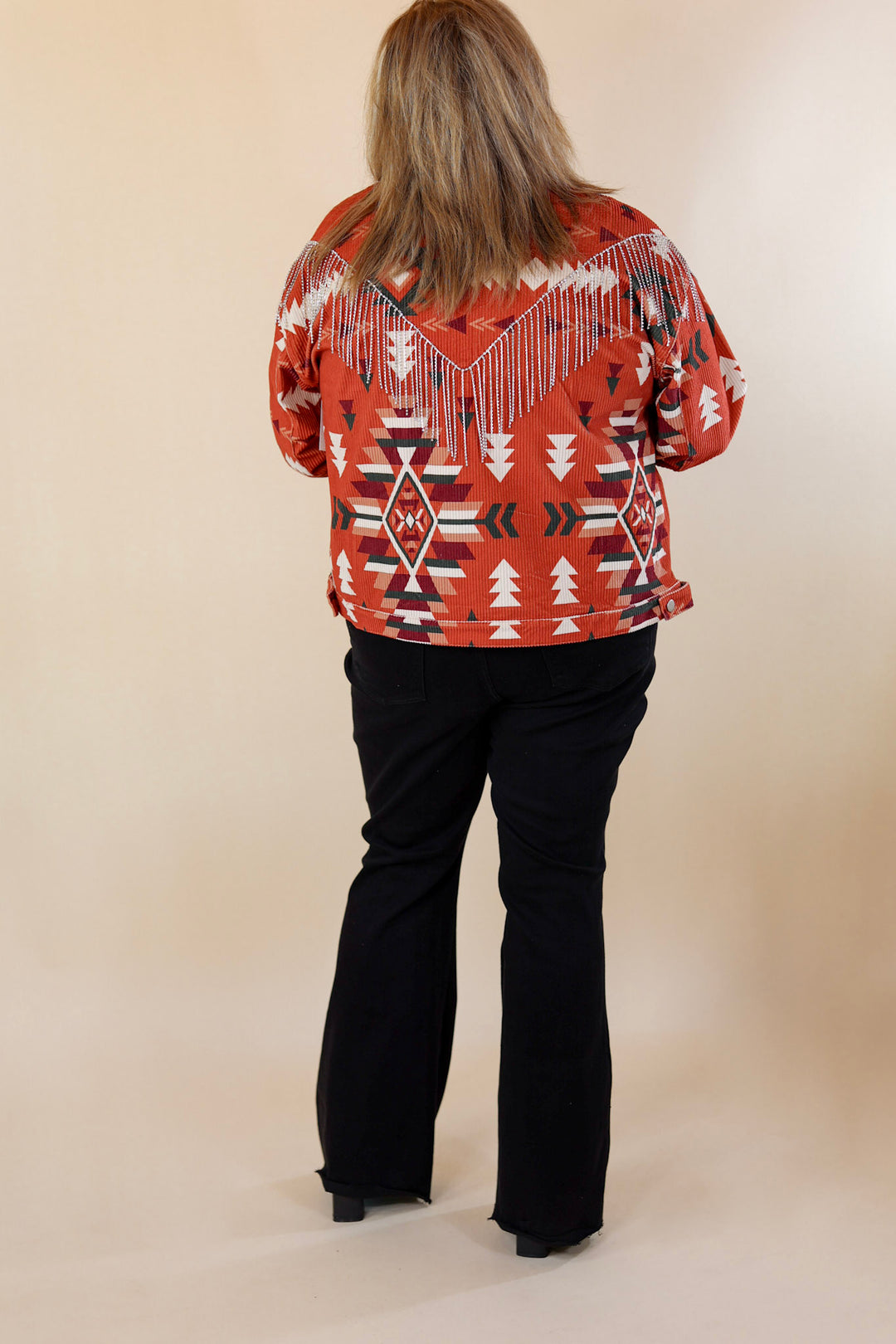 Signature Moves Aztec Print Jacket with Crystal Fringe in Rust Orange - Giddy Up Glamour Boutique