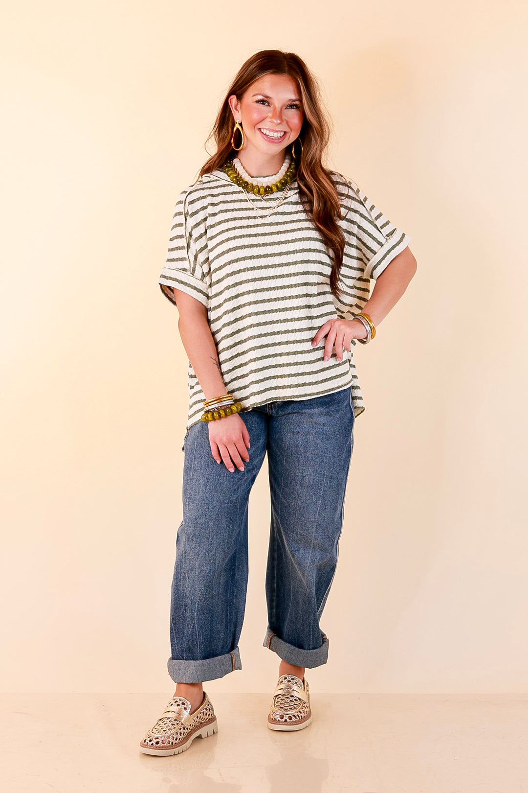 On The Daily Scoop Neck Short Sleeve Striped Textured Top in Olive Green