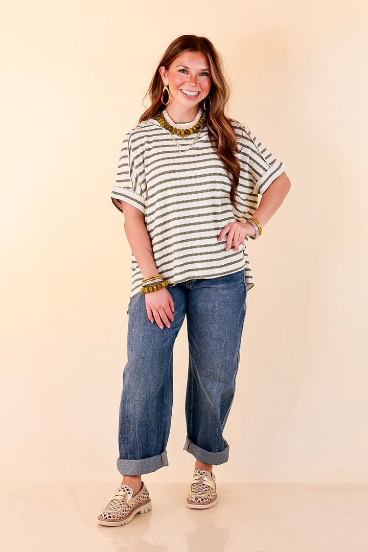 On The Daily Scoop Neck Short Sleeve Striped Textured Top in Olive Green