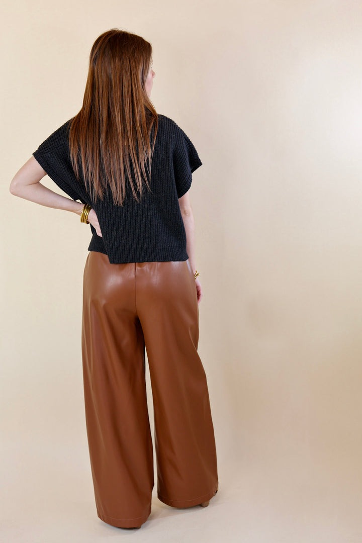 Luxe Feeling Wide Leg Faux Leather Pants in Brown - Giddy Up Glamour Boutique