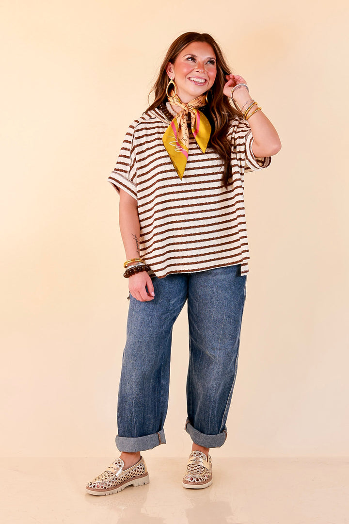 On The Daily Scoop Neck Short Sleeve Striped Textured Top in Chocolate Brown