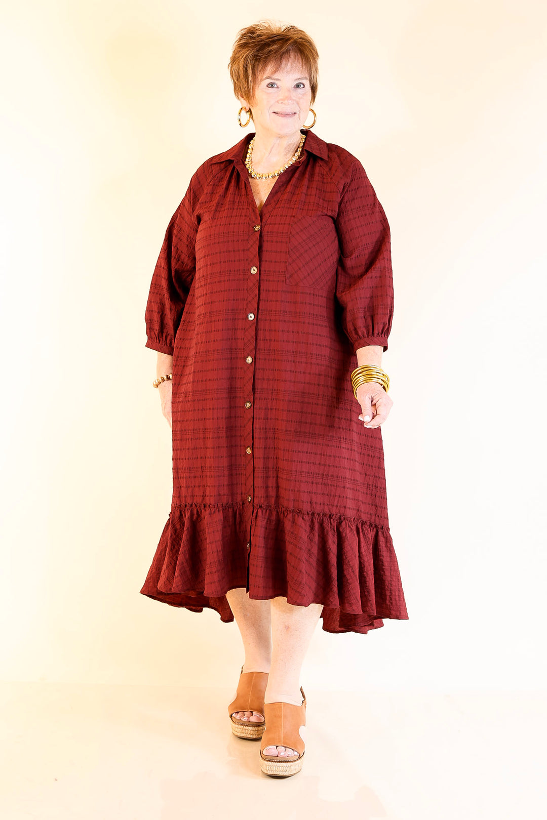 Easy to Please Button Up Ruffle Hem Midi Dress in Maroon Plaid