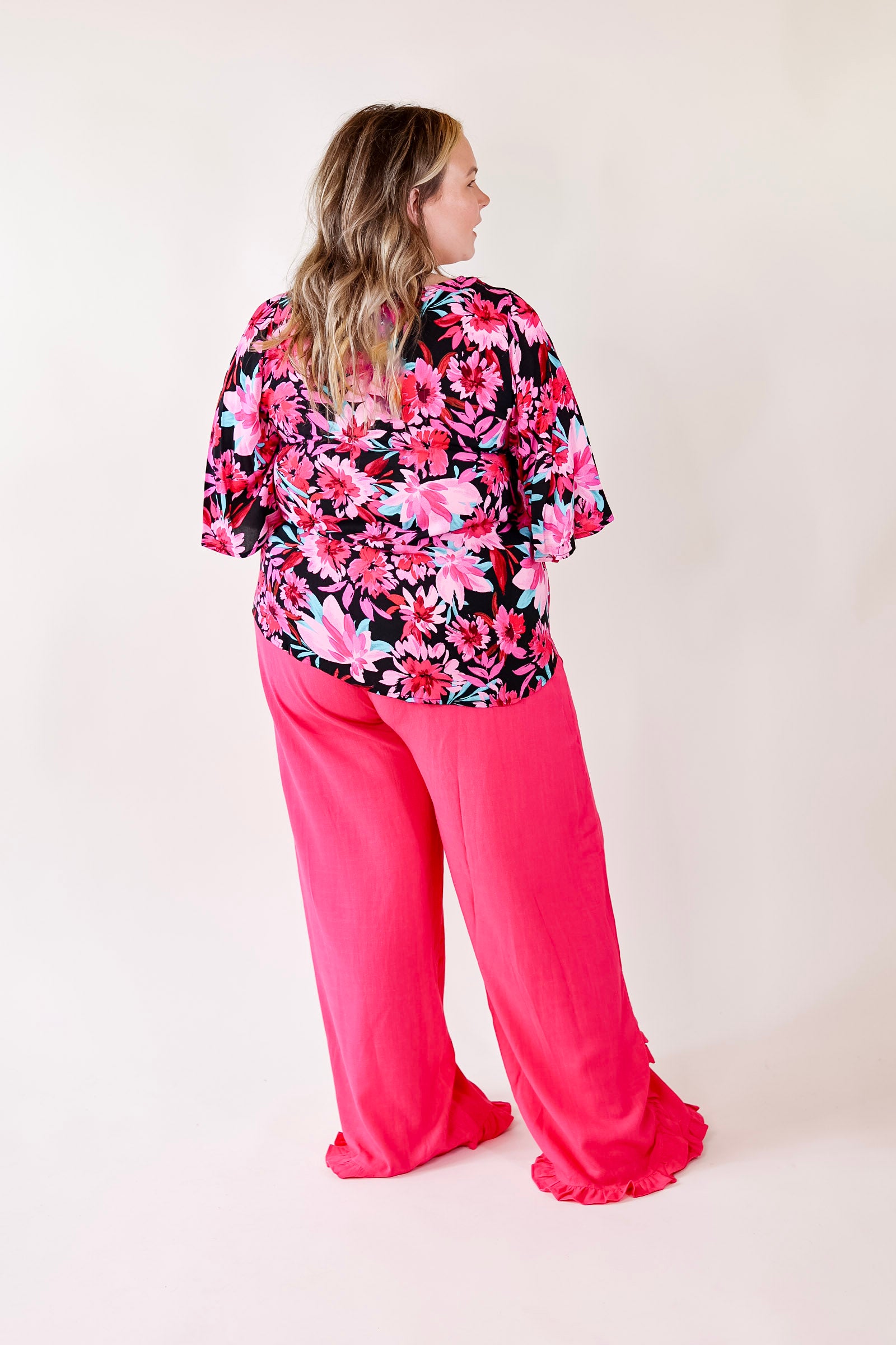 Giving You More Pink Floral Print V Neck Blouse in Black - Giddy Up Glamour Boutique