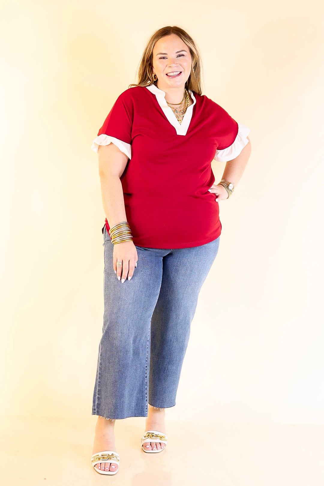 Power Play V Neck with Ruffle Short Sleeves and White Trim in Maroon